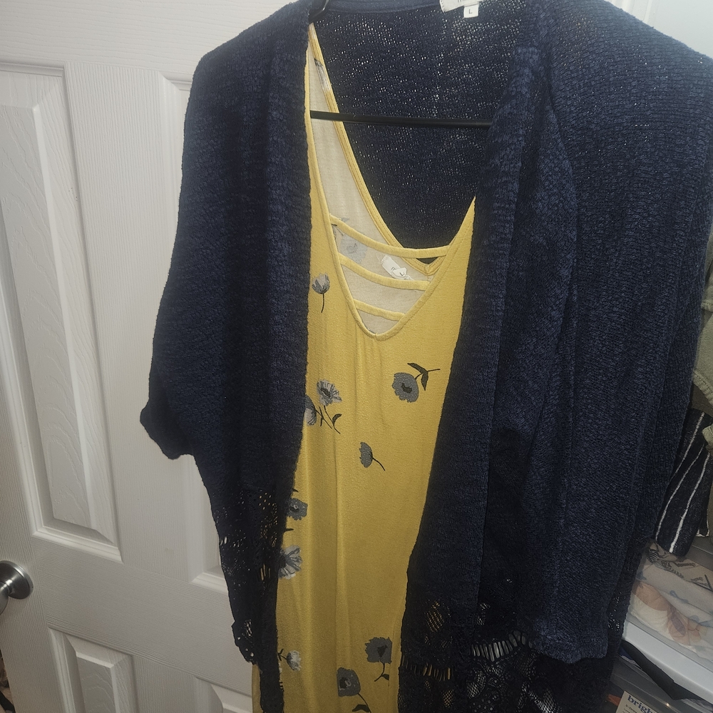 Yellow Floral Dress with Navy Cardigan
